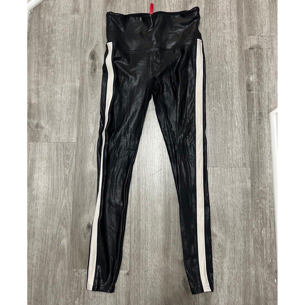 SPANX‎ Faux Leather Leggings White Side Stripe High Waist Black Size L